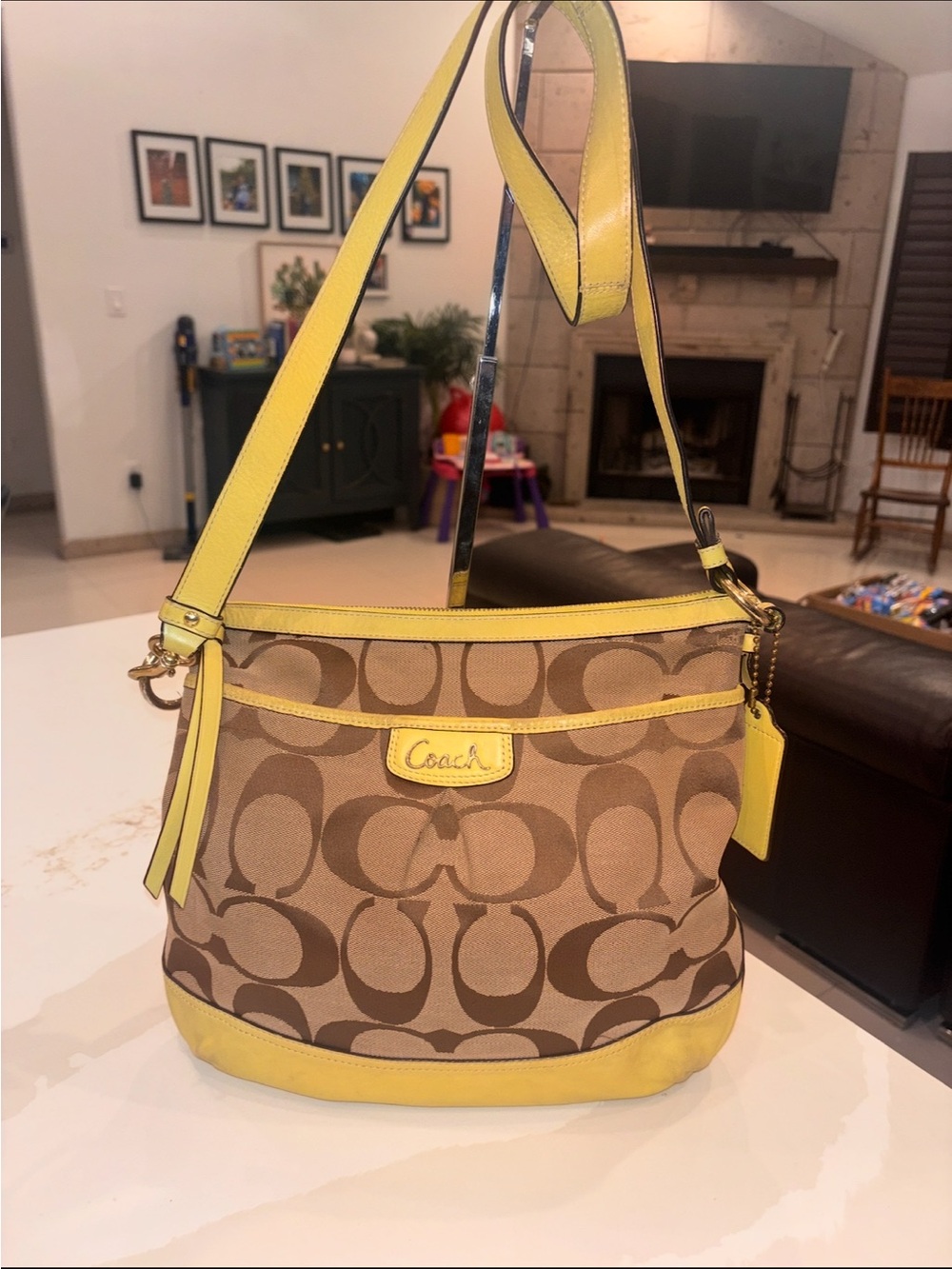 Coach Signature Canvas Shoulder Bag with Yellow Trim